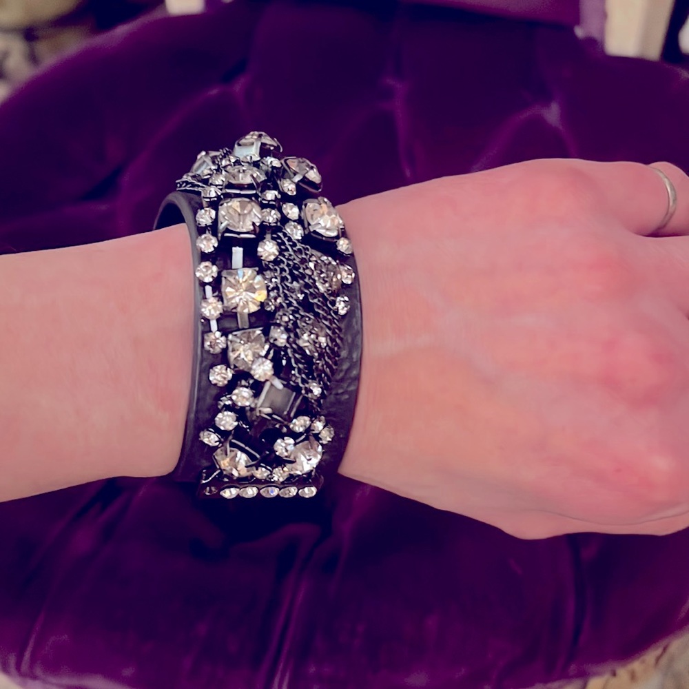 Cara N.Y. Black Leather Chain Crystal Bracelet